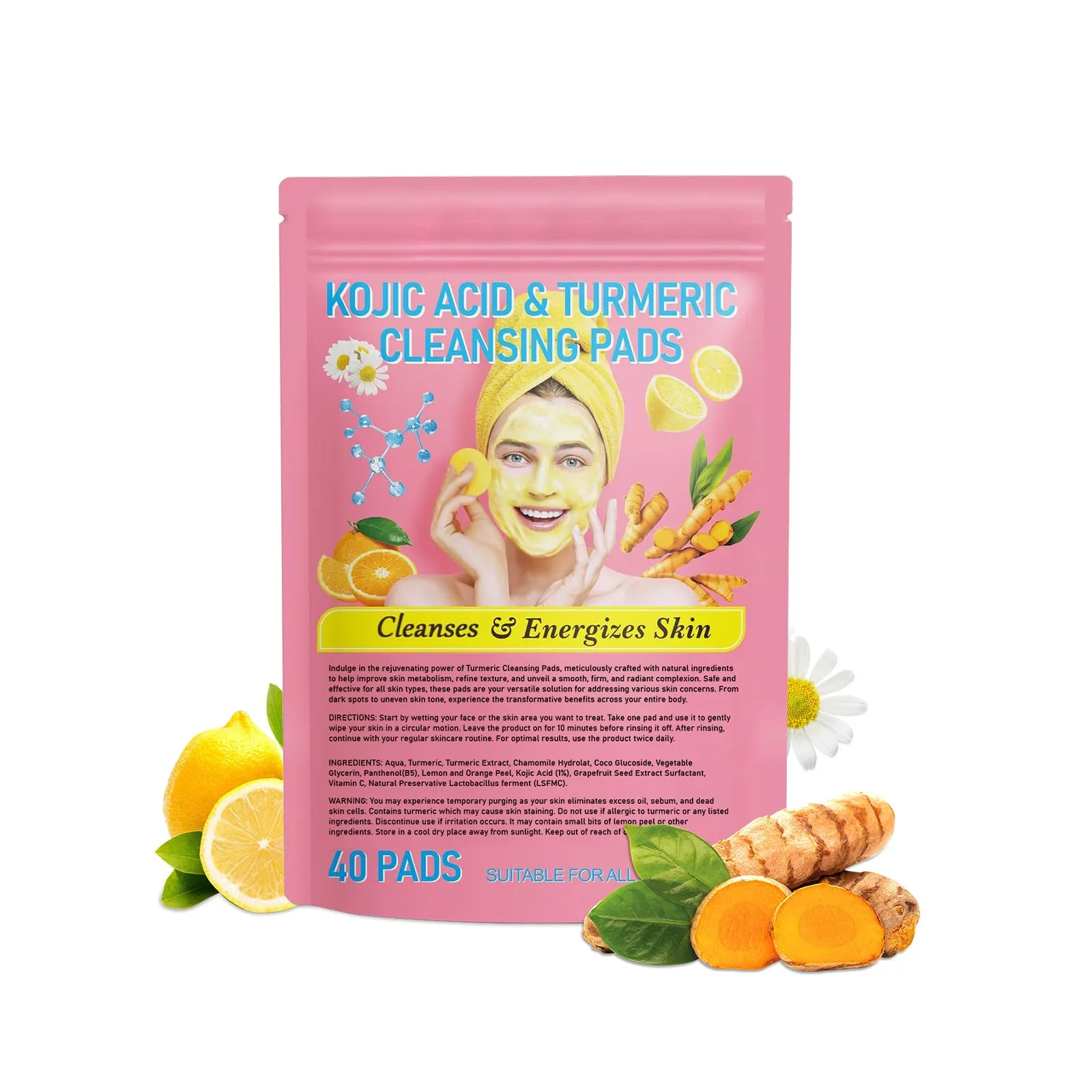 Yellow compressed turmeric cleansing pad with kojic acid, made of sponge material, for facial cleansing