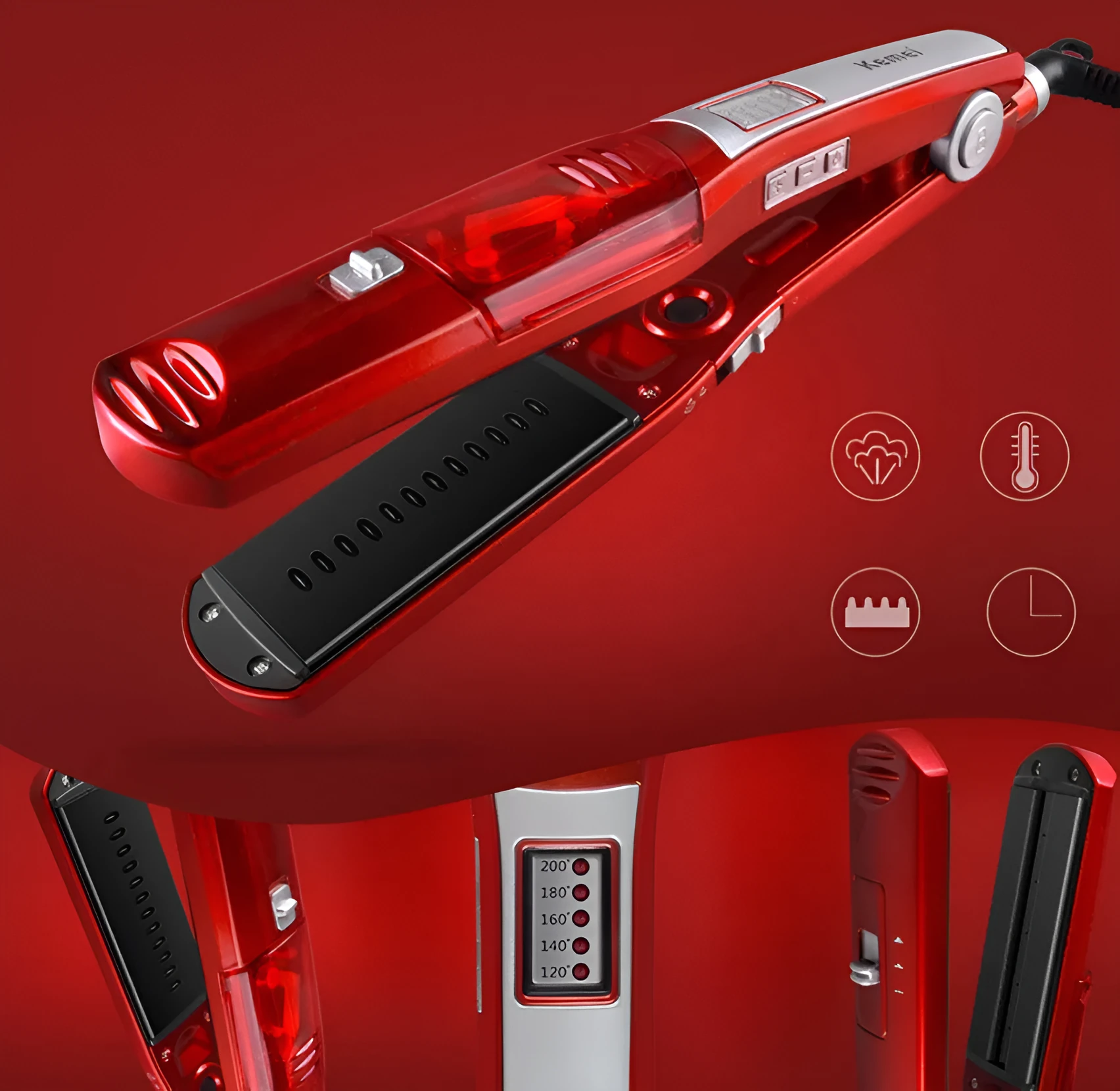 Electric hair straightener with tourmaline ceramic plates, steam hydration, and 10 temperature settings for wet and dry hair