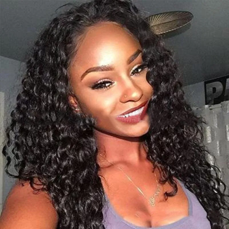 Black synthetic hair curler wig for women, 65cm length with adjustable size, side view