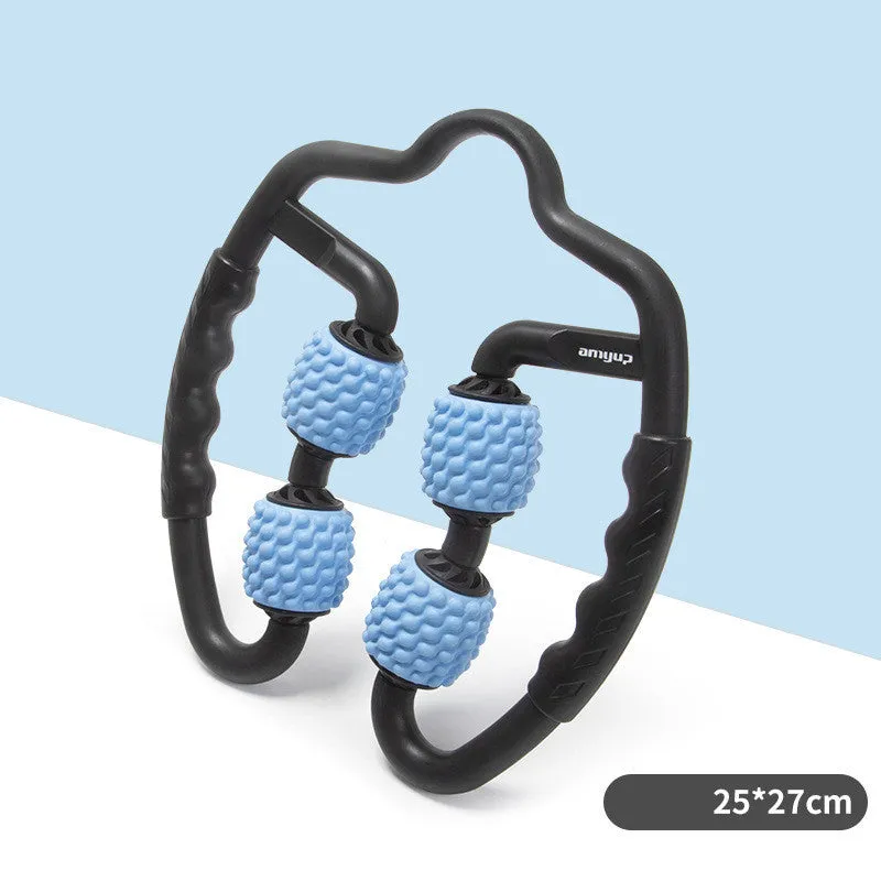 Blue muscle relaxer with four independent rollers, ergonomic handle, soft PP+EVA material, 27x25mm