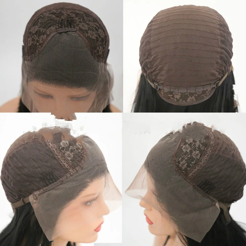 Front lace big wave wig in black with high temperature silk, half-hand knitting, middle part, 14-26 inch lengths, S M L cap sizes