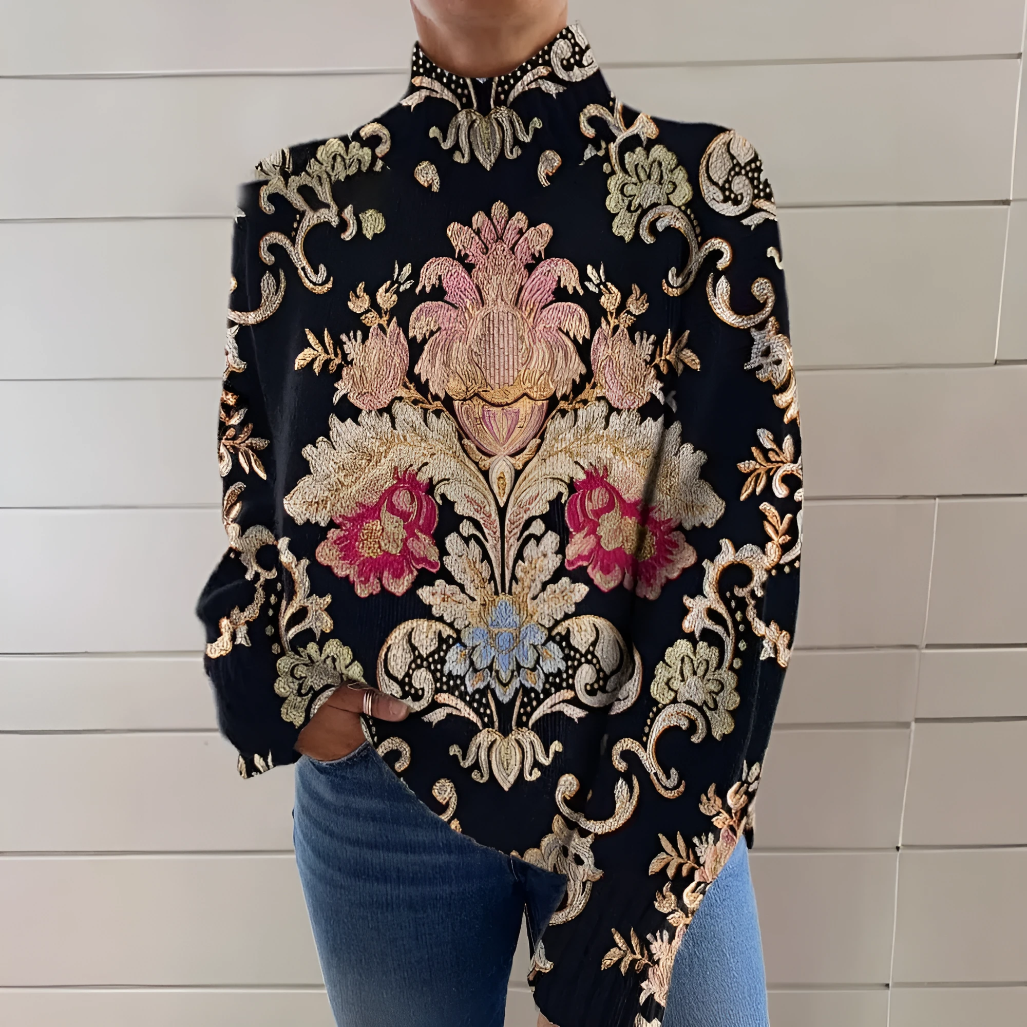 Black turtleneck long sleeve sweater with 3D printed pattern, loose Japanese Korean casual style