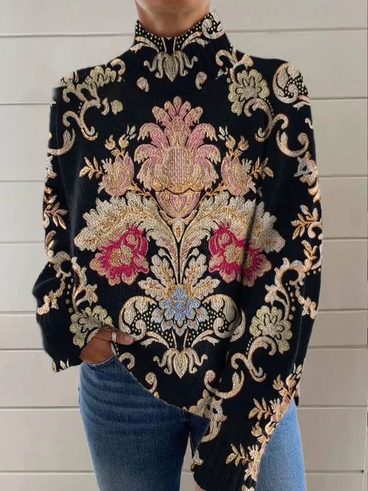 Black turtleneck long sleeve sweater with 3D printed pattern, loose Japanese Korean casual style