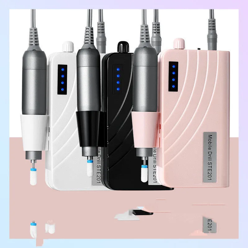Rechargeable electric nail polisher pen with LED light in pearl white, showing controller and polishing head set on a white surface