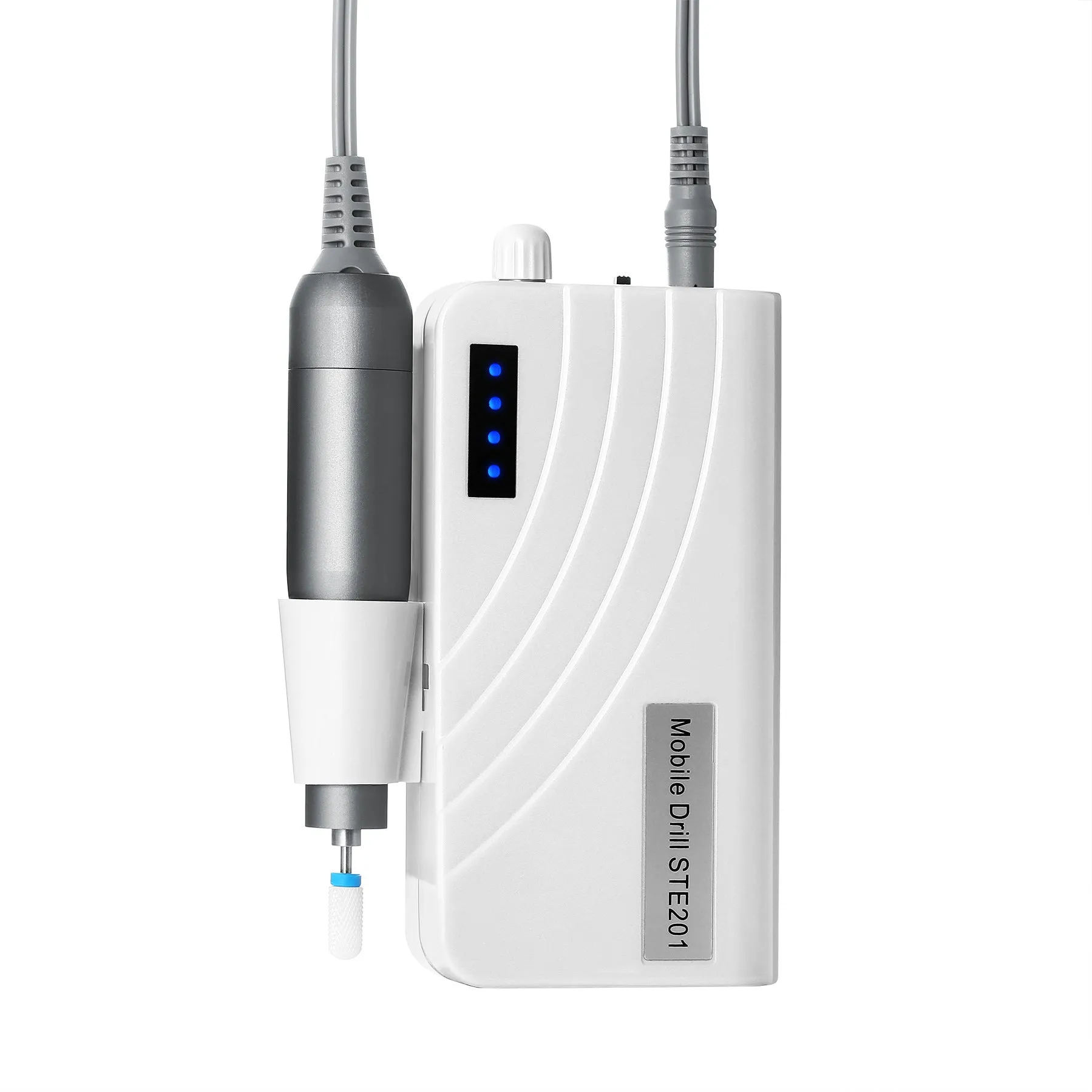 Rechargeable electric nail polisher pen with LED light in pearl white, showing controller and polishing head set on a white surface