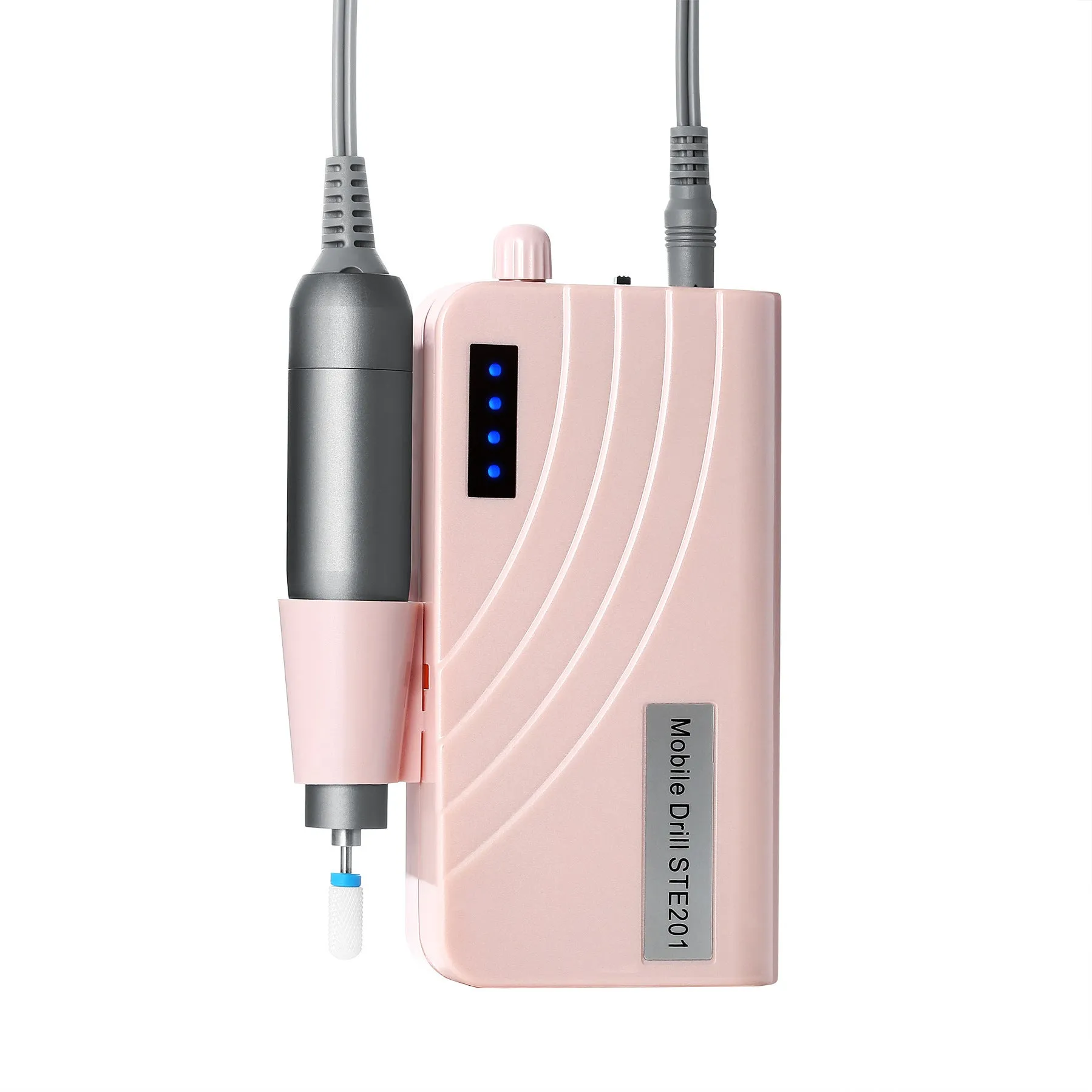Rechargeable electric nail polisher pen with LED light in pearl white, showing controller and polishing head set on a white surface