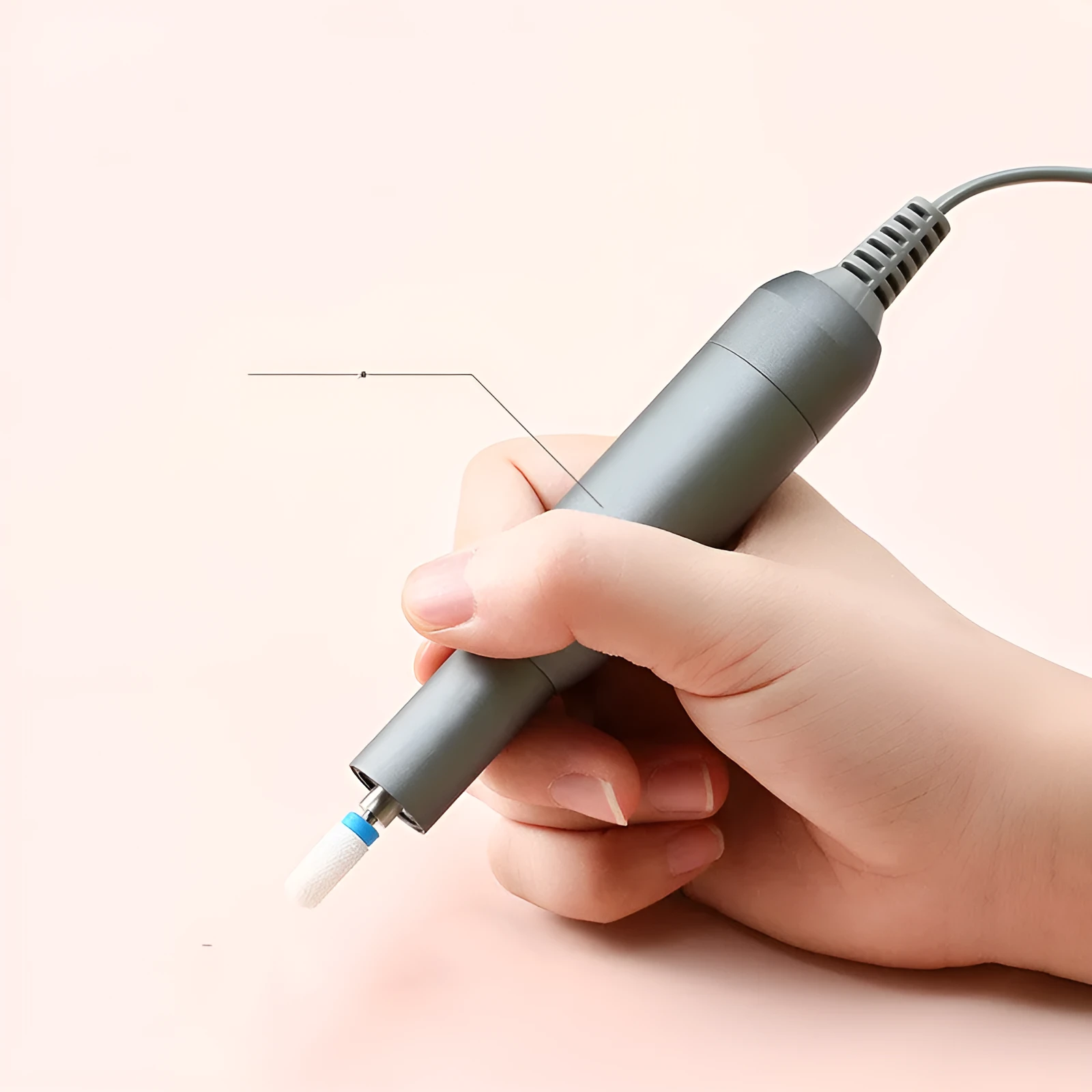 Rechargeable electric nail polisher pen with LED light in pearl white, showing controller and polishing head set on a white surface