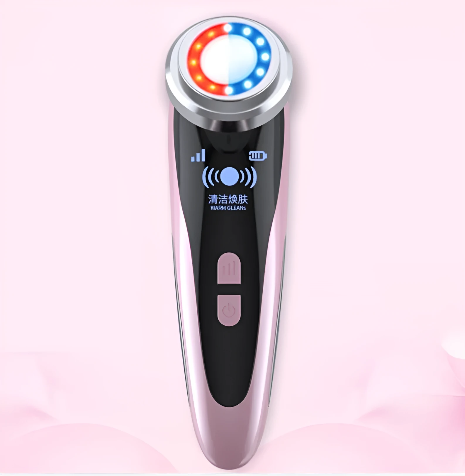 Beauty instrument cleanser in rose pink with three speed settings on white background