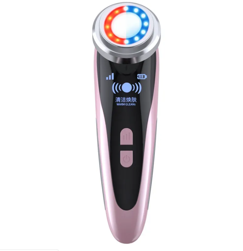 Beauty instrument cleanser in rose pink with three speed settings on white background