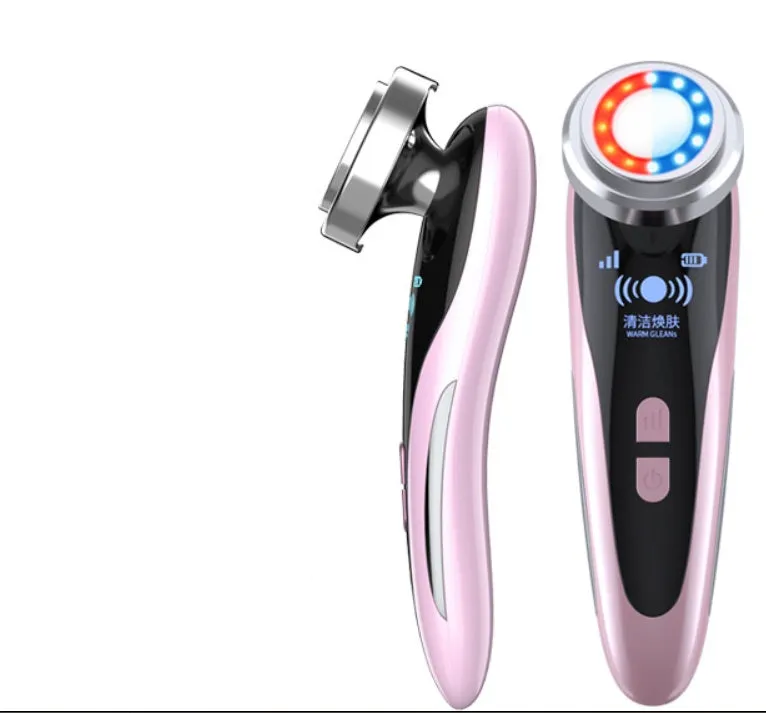 Beauty instrument cleanser in rose pink with three speed settings on white background