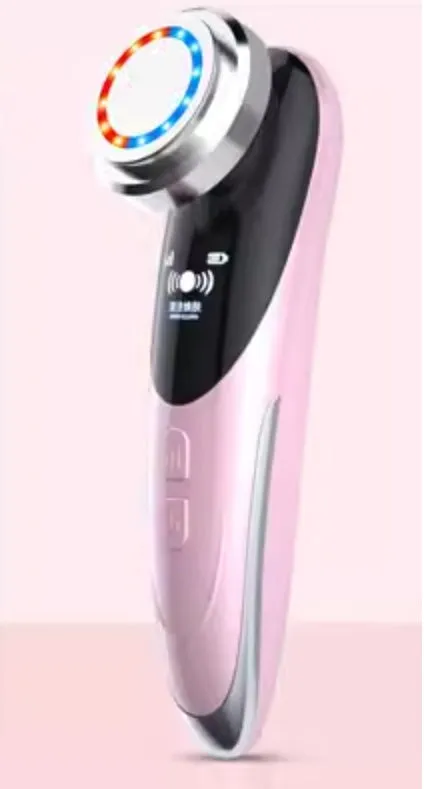 Beauty instrument cleanser in rose pink with three speed settings on white background