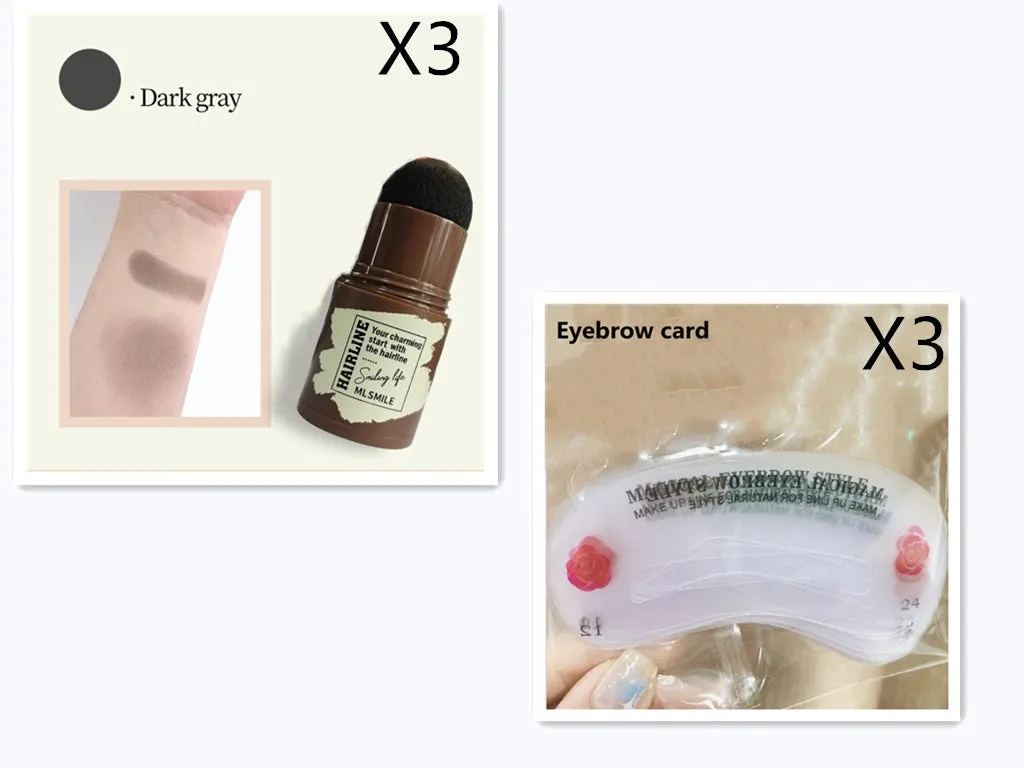 Brow stamp shaping kit with waterproof eyebrow stamp, contouring stick, and 24 eyebrow cards in black and brown shades