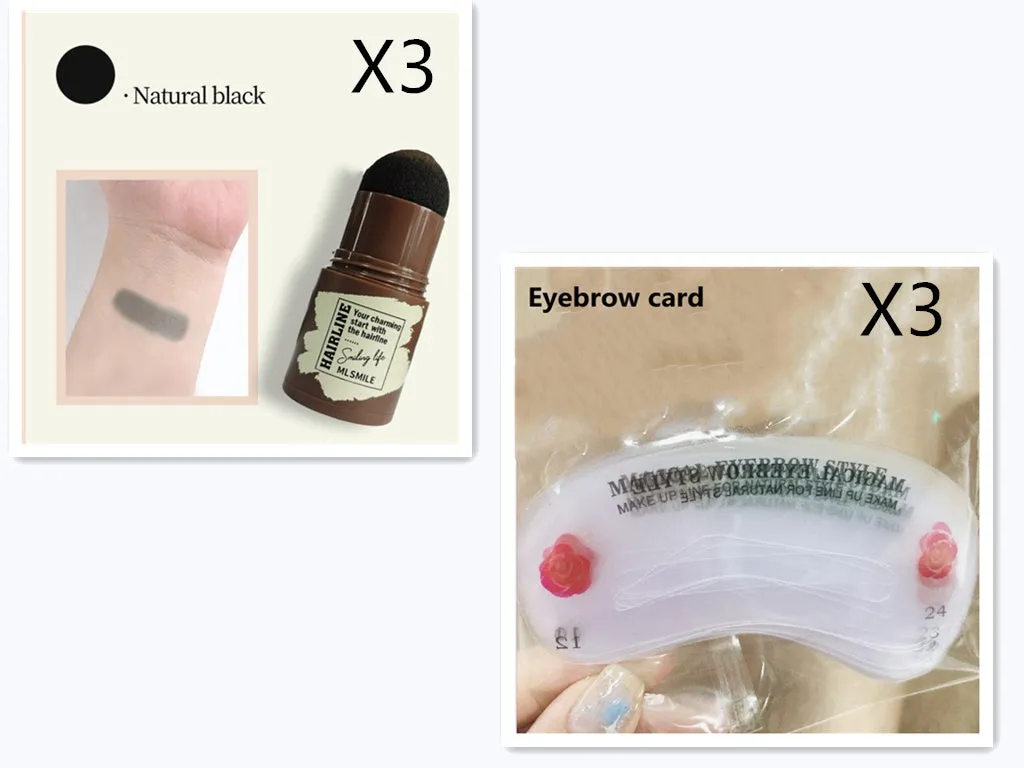 Brow stamp shaping kit with waterproof eyebrow stamp, contouring stick, and 24 eyebrow cards in black and brown shades