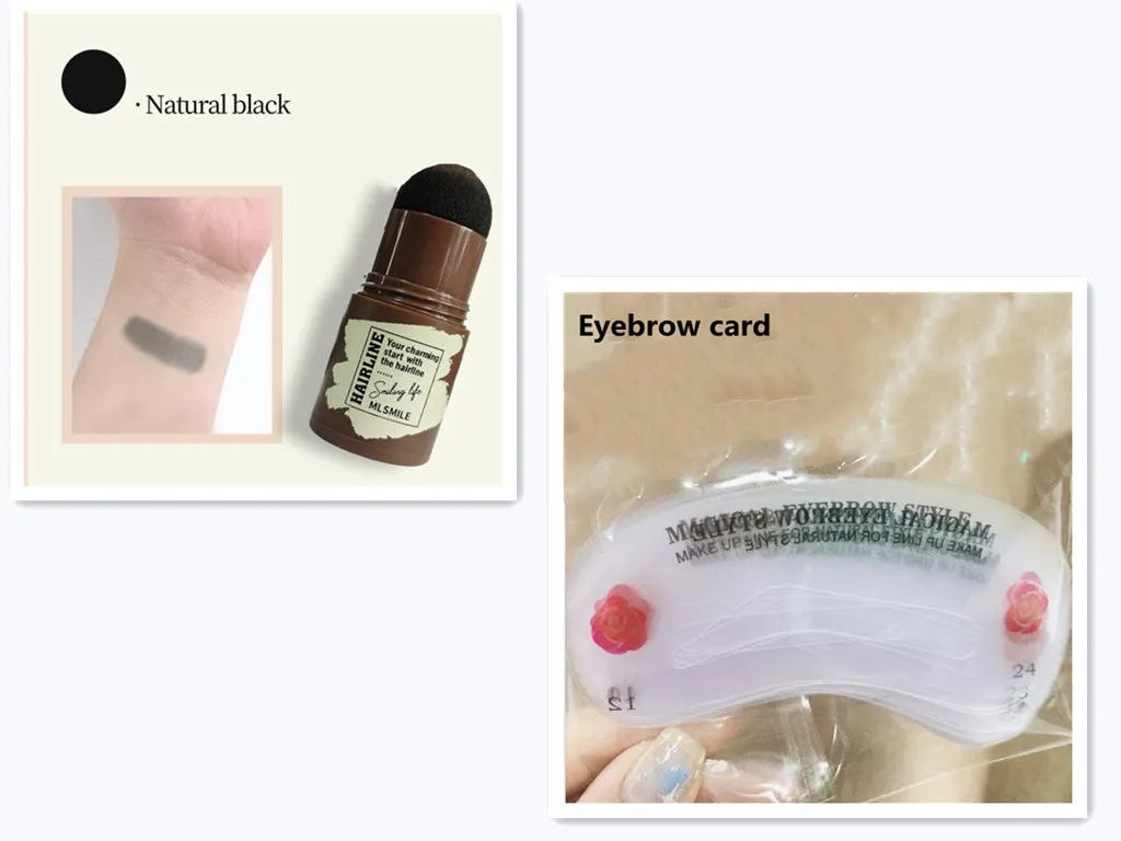 Brow stamp shaping kit with waterproof eyebrow stamp, contouring stick, and 24 eyebrow cards in black and brown shades