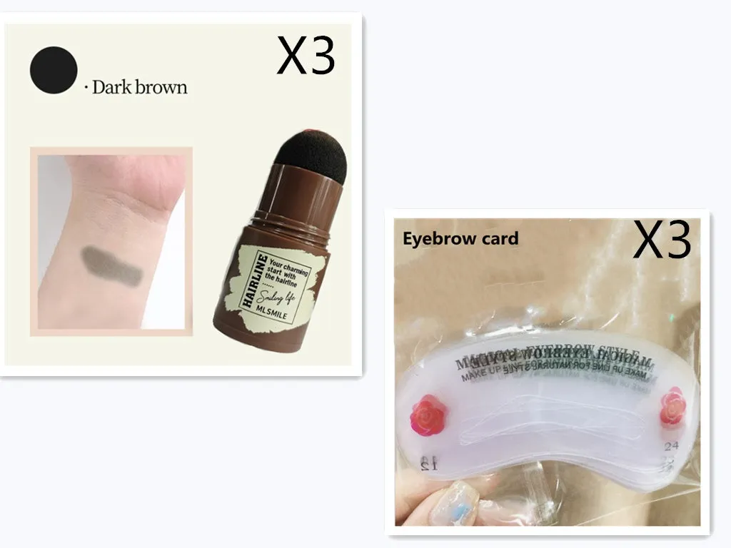 Brow stamp shaping kit with waterproof eyebrow stamp, contouring stick, and 24 eyebrow cards in black and brown shades