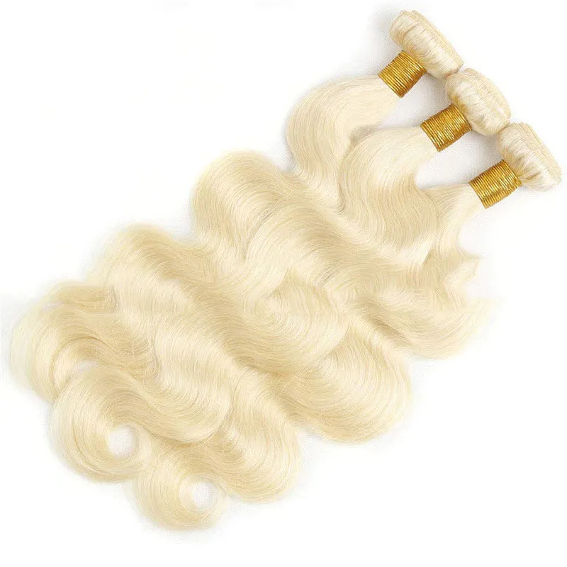 Light gold 613 body wave wig with snake wavy texture on a mannequin head showing 16-24 inch length options