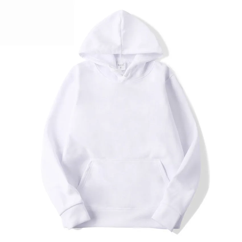 White cotton blend unisex hoodie with hood and long sleeves on hanger