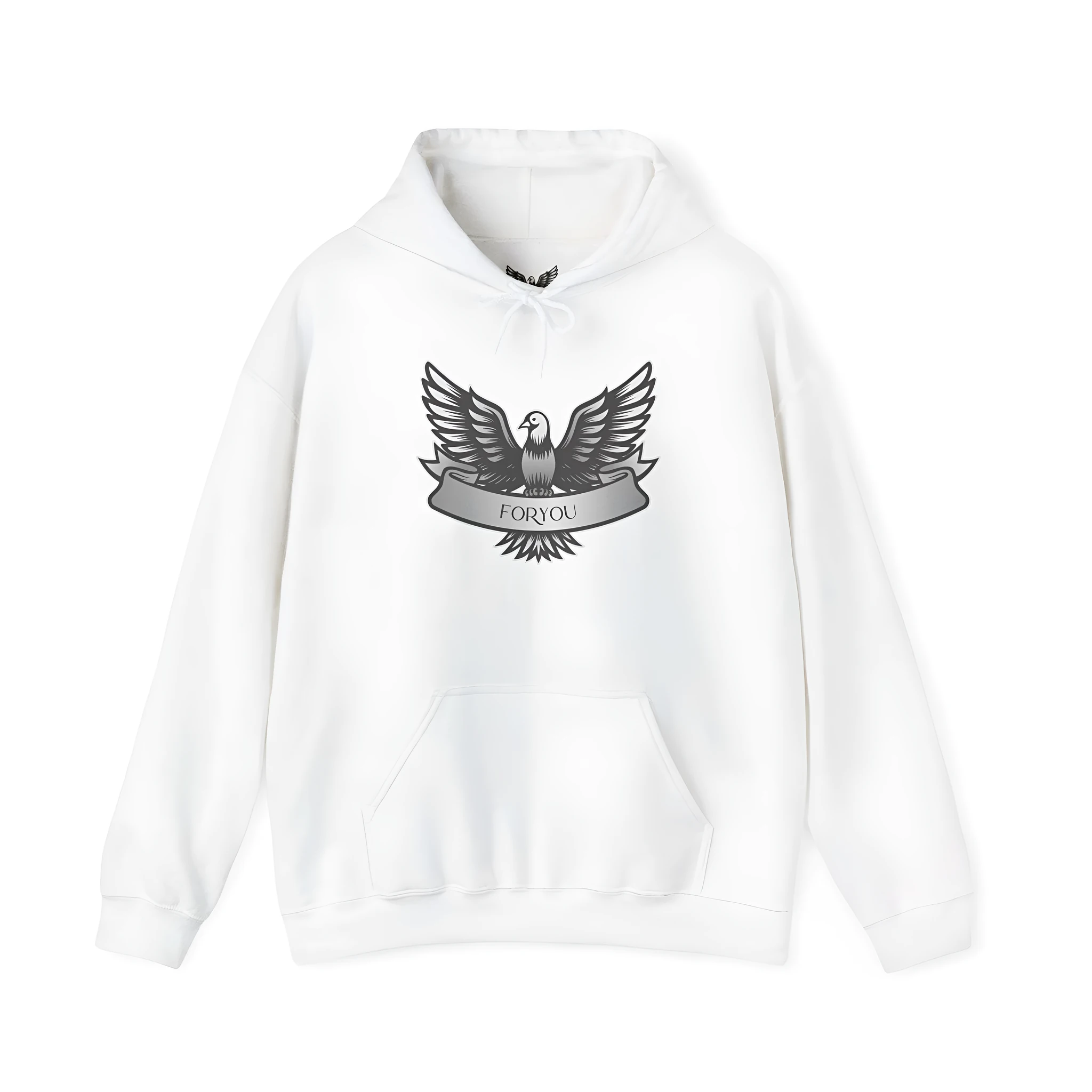 White cotton blend unisex hoodie with hood and long sleeves on hanger