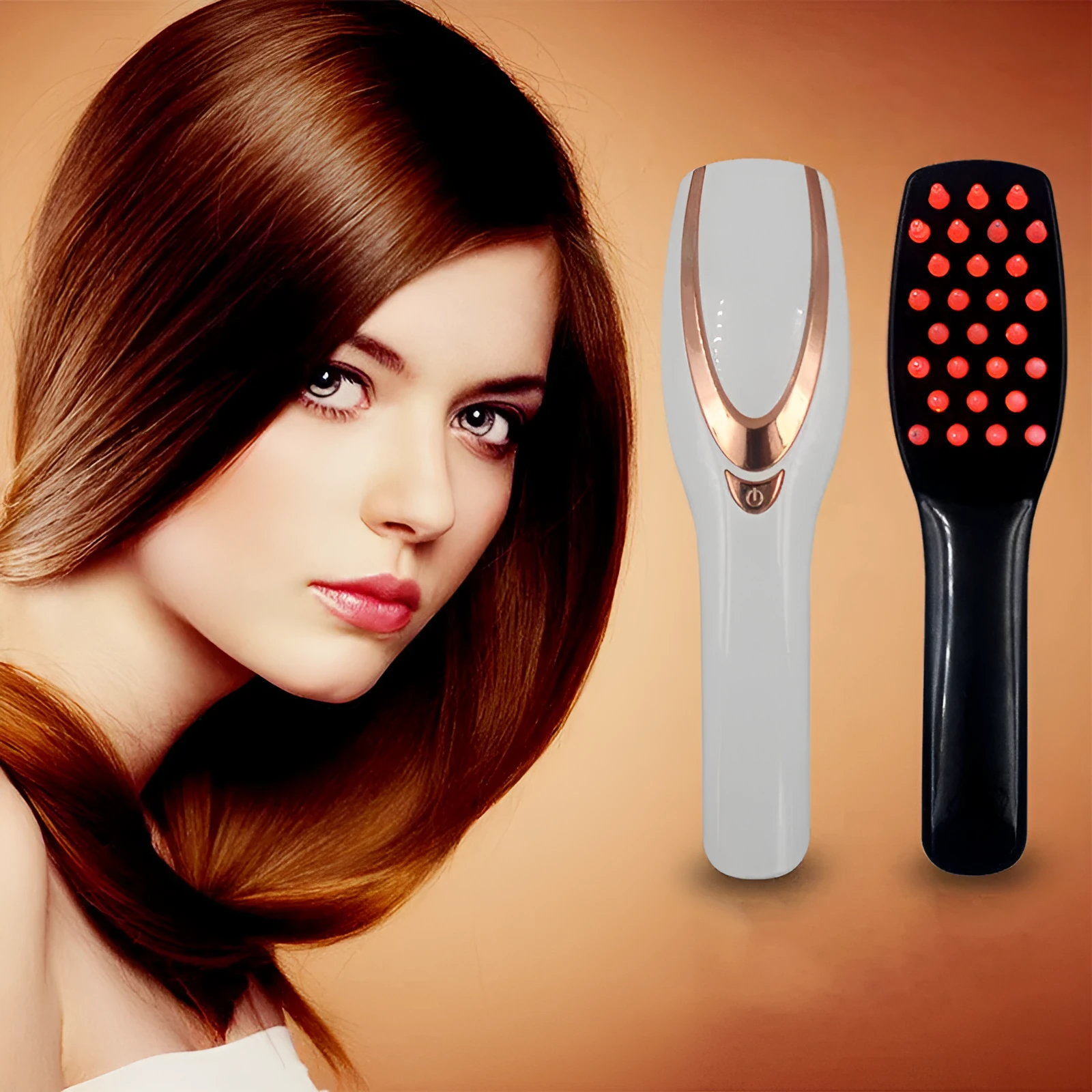 USB rechargeable light therapy massage comb with black ABS silicone body on white background