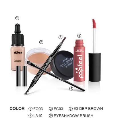 POPFEEL 5-piece makeup set with lipgloss, concealer, brush, foundation, and eyebrow pencil in multiple colour styles