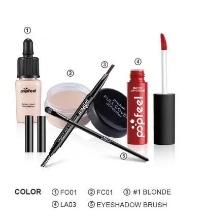 POPFEEL 5-piece makeup set with lipgloss, concealer, brush, foundation, and eyebrow pencil in multiple colour styles
