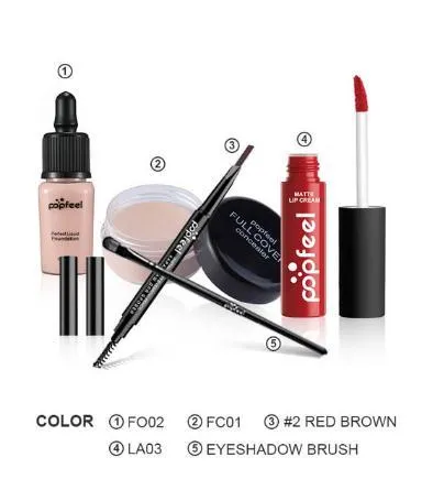 POPFEEL 5-piece makeup set with lipgloss, concealer, brush, foundation, and eyebrow pencil in multiple colour styles