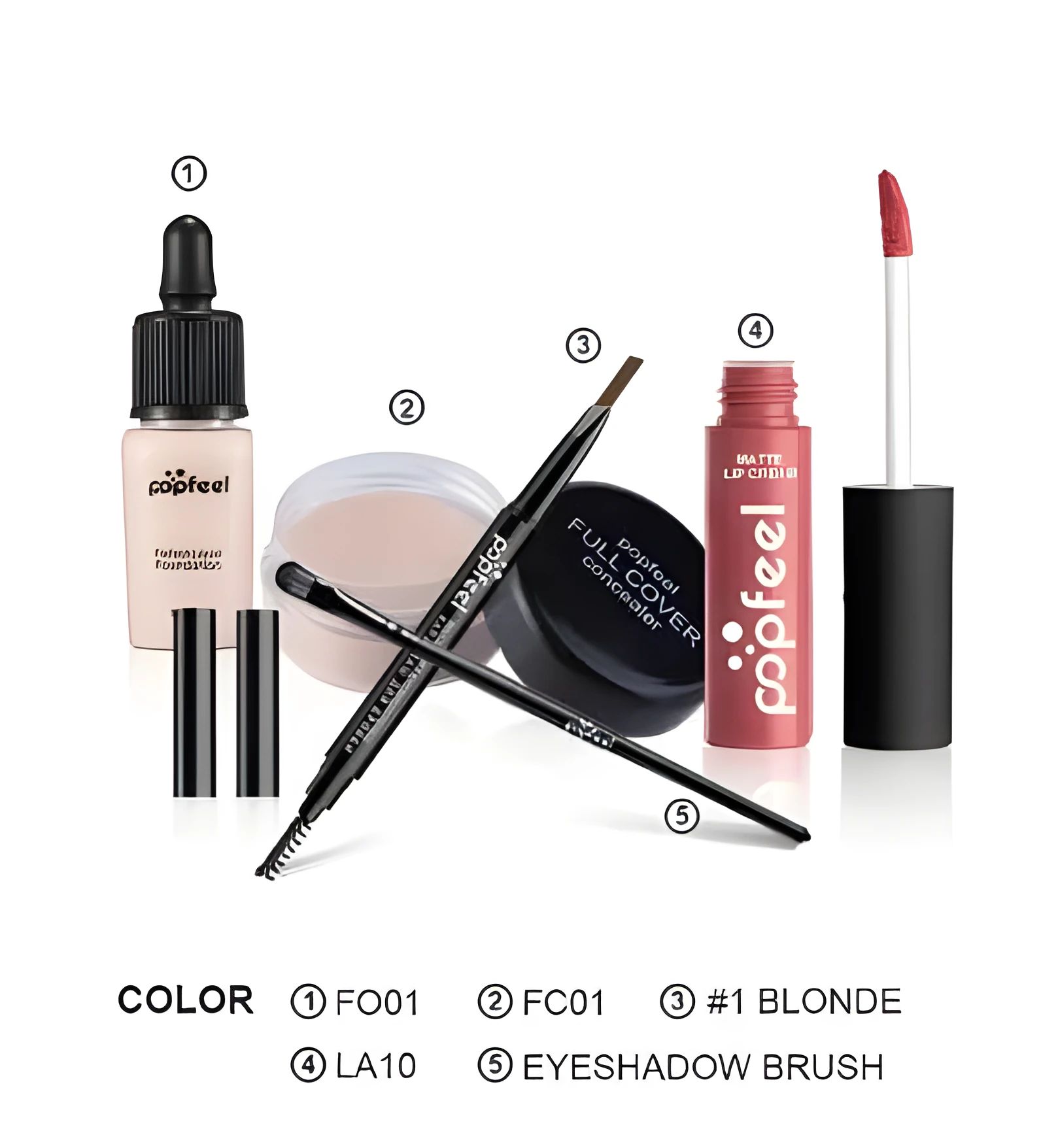 POPFEEL 5-piece makeup set with lipgloss, concealer, brush, foundation, and eyebrow pencil in multiple colour styles
