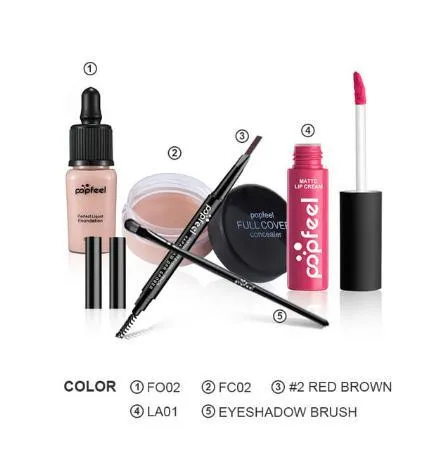 POPFEEL 5-piece makeup set with lipgloss, concealer, brush, foundation, and eyebrow pencil in multiple colour styles