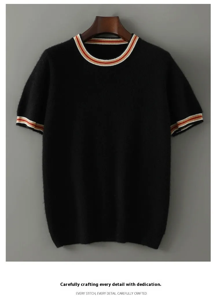 Men's grey pure wool short sleeve round neck sweater on hanger