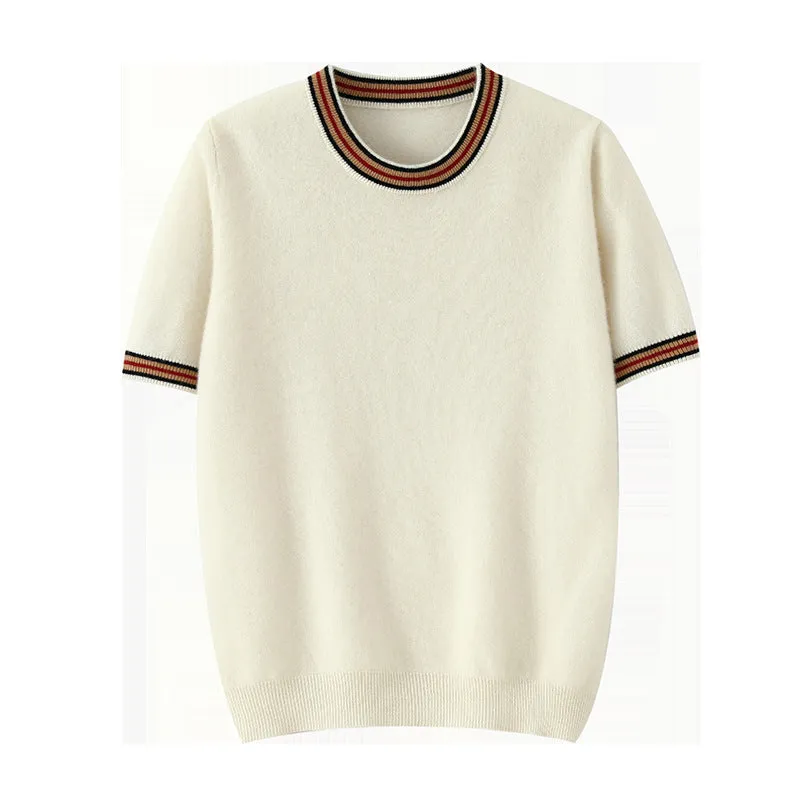 Men's grey pure wool short sleeve round neck sweater on hanger