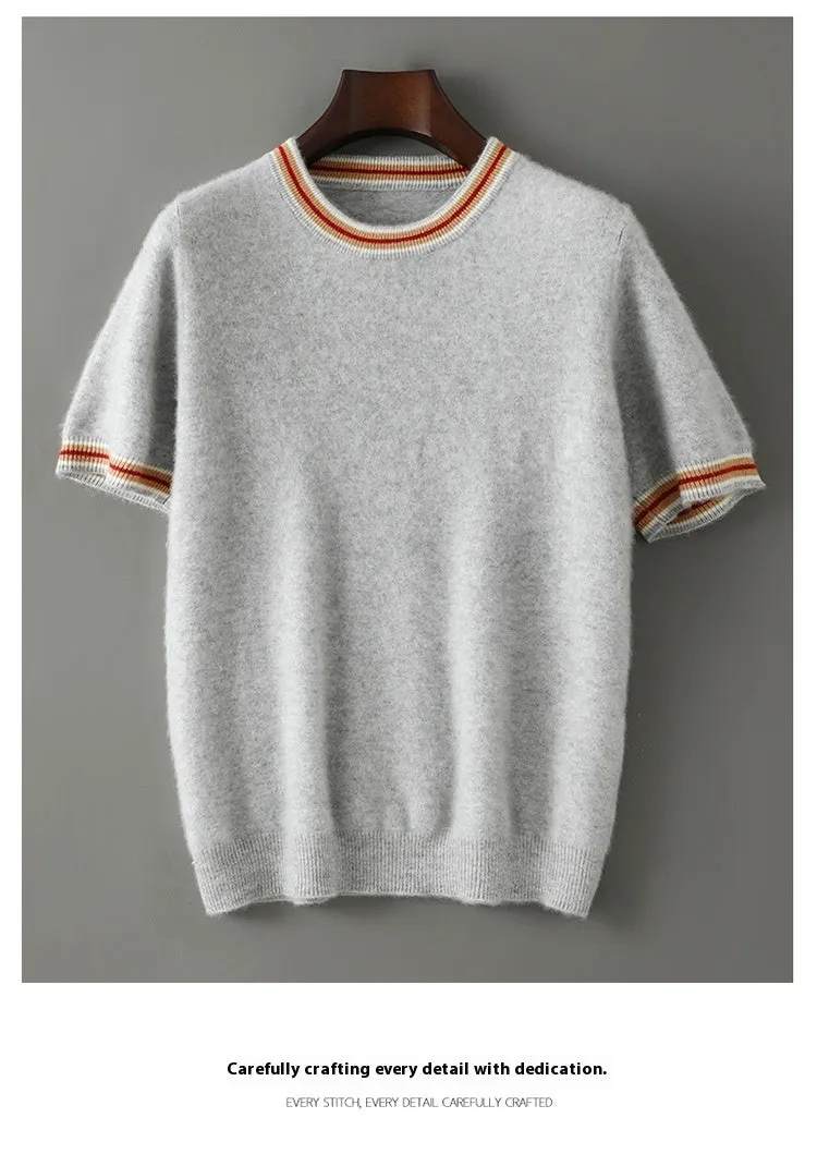 Men's grey pure wool short sleeve round neck sweater on hanger