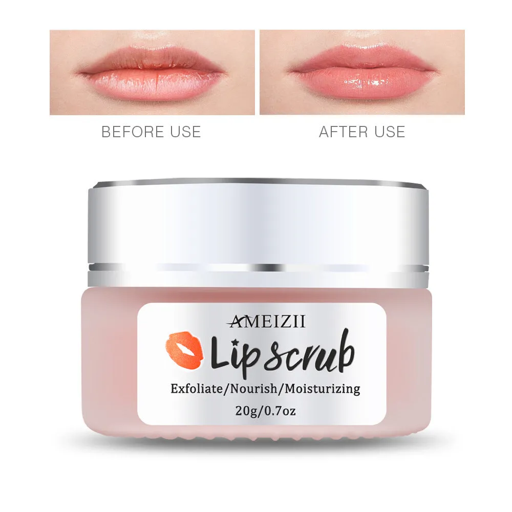 White jar of AMEIZII lip scrub with sugar for gentle exfoliation and moisturising lip repair, 30g