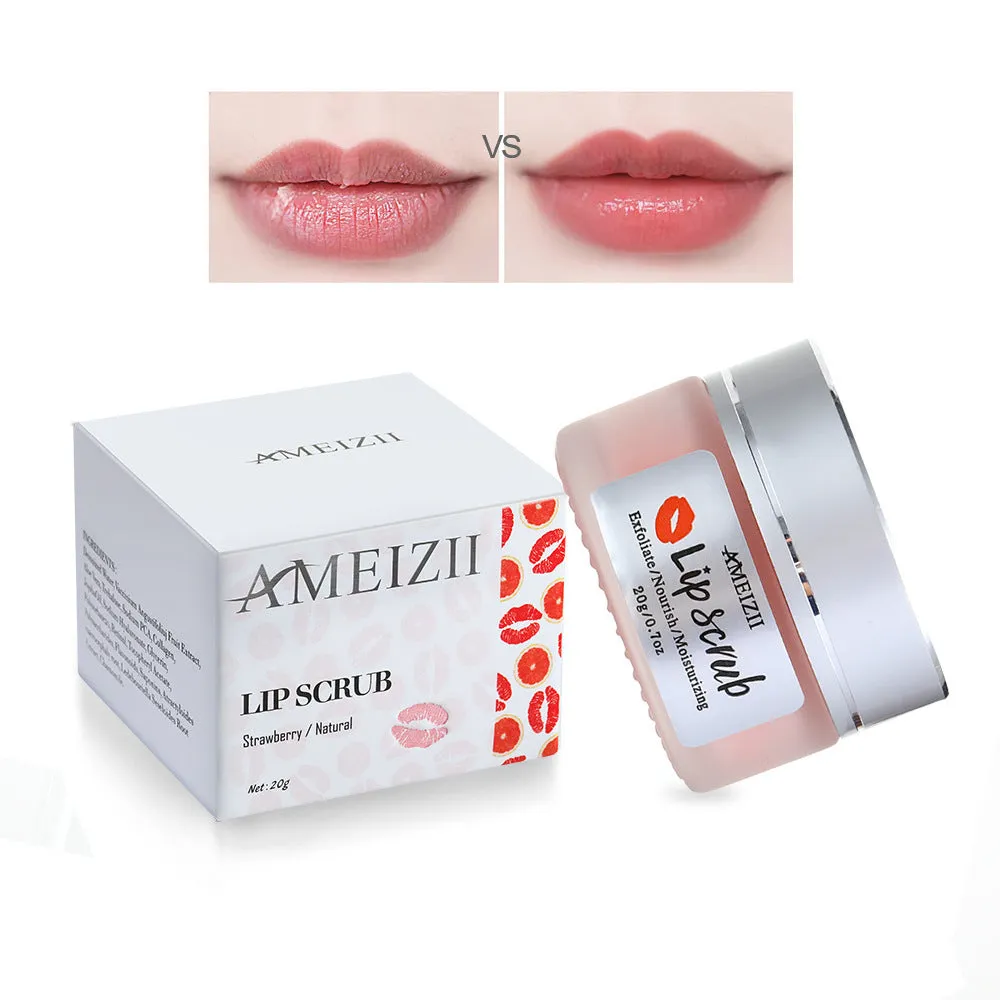 White jar of AMEIZII lip scrub with sugar for gentle exfoliation and moisturising lip repair, 30g
