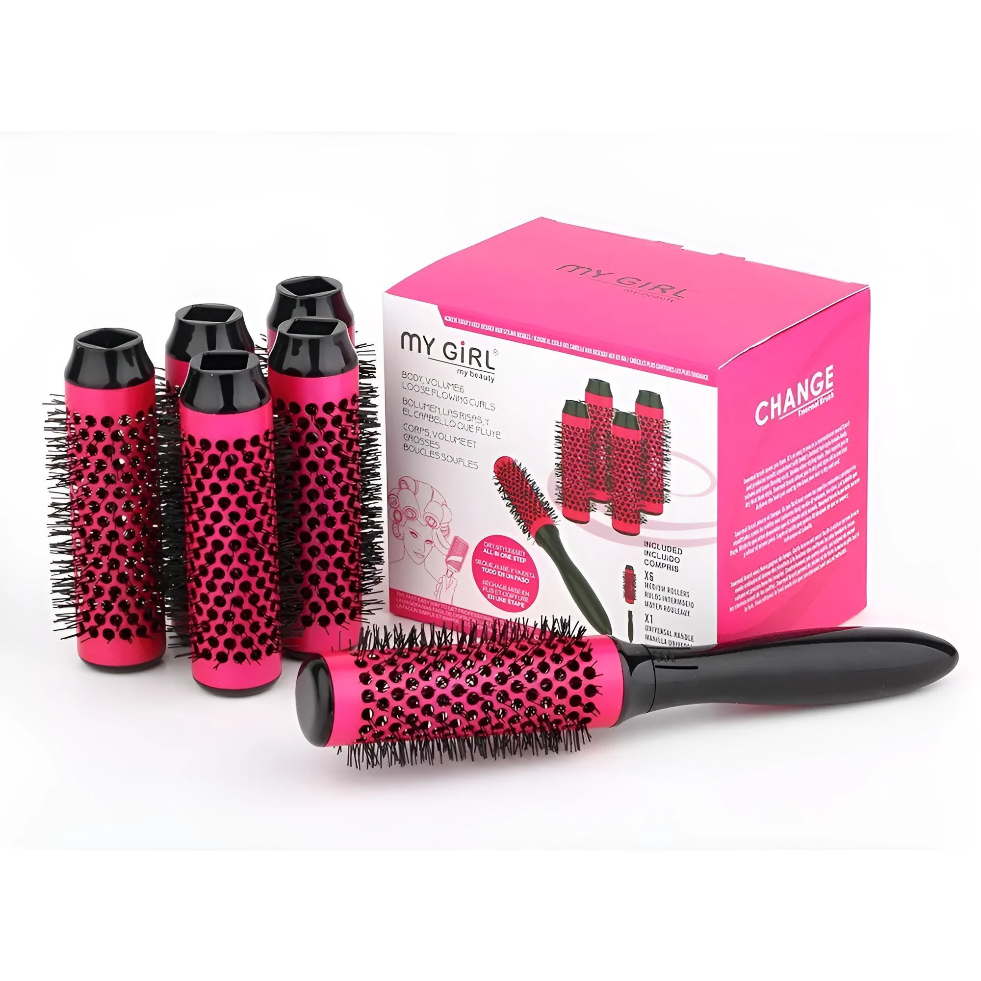 Set of six ceramic hair styling brushes in assorted colours with detachable handle and PVC carry bag