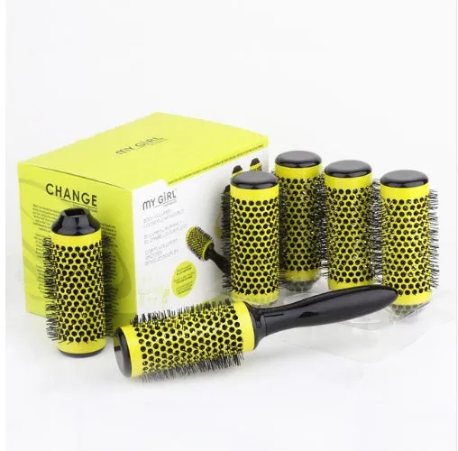 Set of six ceramic hair styling brushes in assorted colours with detachable handle and PVC carry bag