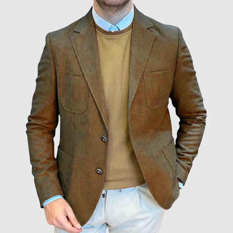 Men's casual cotton suit jacket in loose retro style showing tailored details and colour options