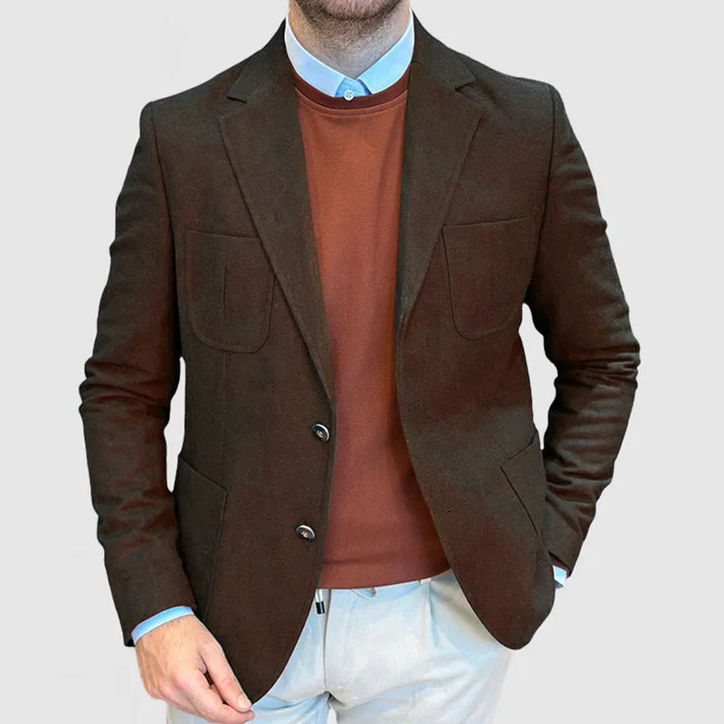 Men's casual cotton suit jacket in loose retro style showing tailored details and colour options