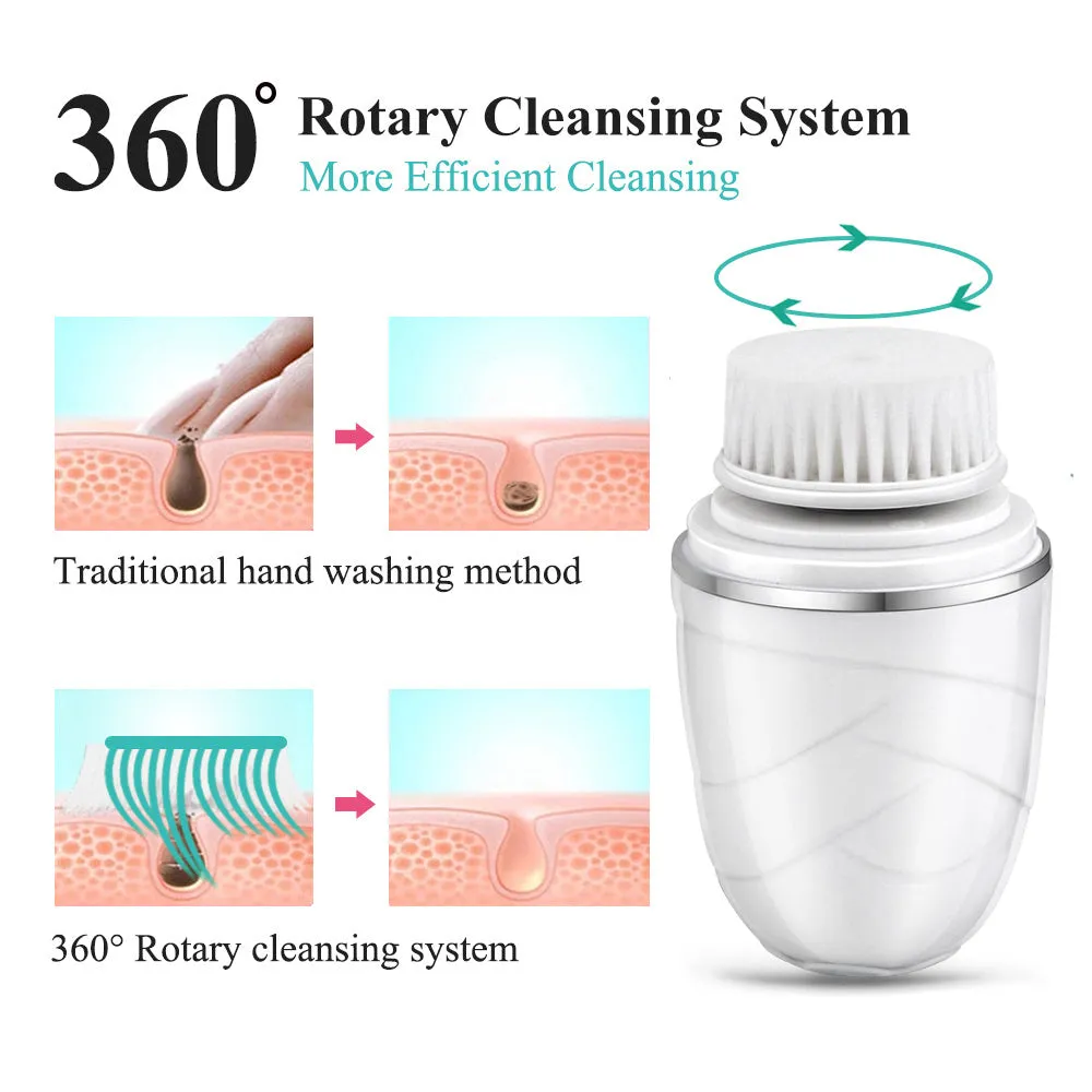 3 in 1 electric facial cleanser with three brush heads and dual speed settings in golden, pink, and white colours