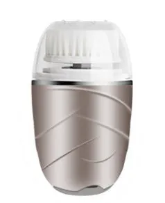 3 in 1 electric facial cleanser with three brush heads and dual speed settings in golden, pink, and white colours