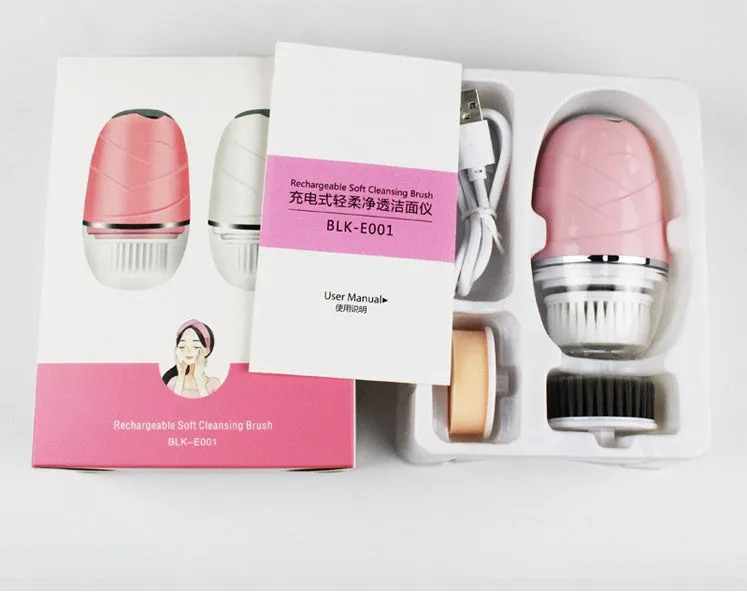 3 in 1 electric facial cleanser with three brush heads and dual speed settings in golden, pink, and white colours
