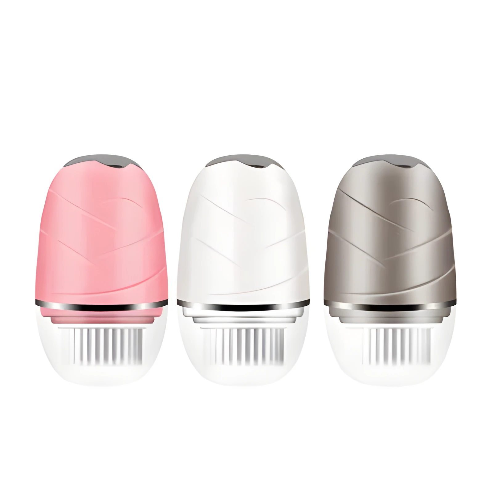 3 in 1 electric facial cleanser with three brush heads and dual speed settings in golden, pink, and white colours