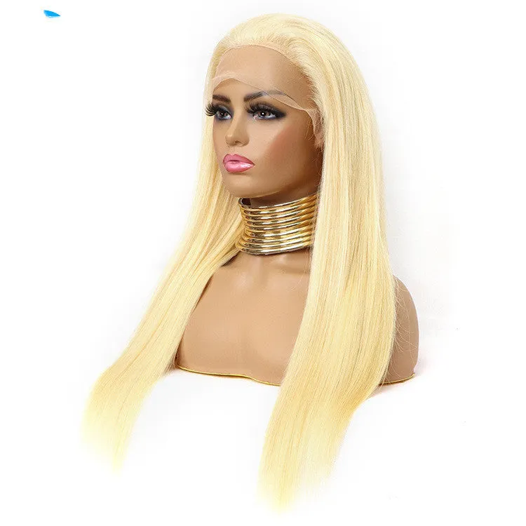 Reality gold long straight lace wig made from real human hair, medium length, side view on mannequin