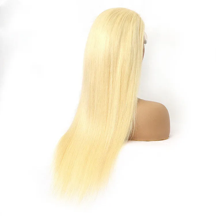 Reality gold long straight lace wig made from real human hair, medium length, side view on mannequin