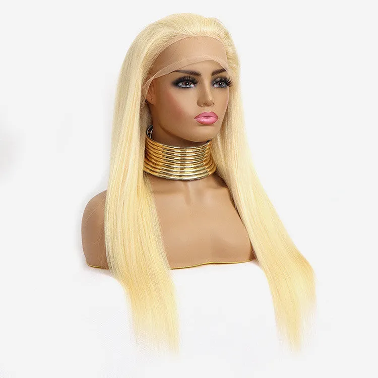 Reality gold long straight lace wig made from real human hair, medium length, side view on mannequin