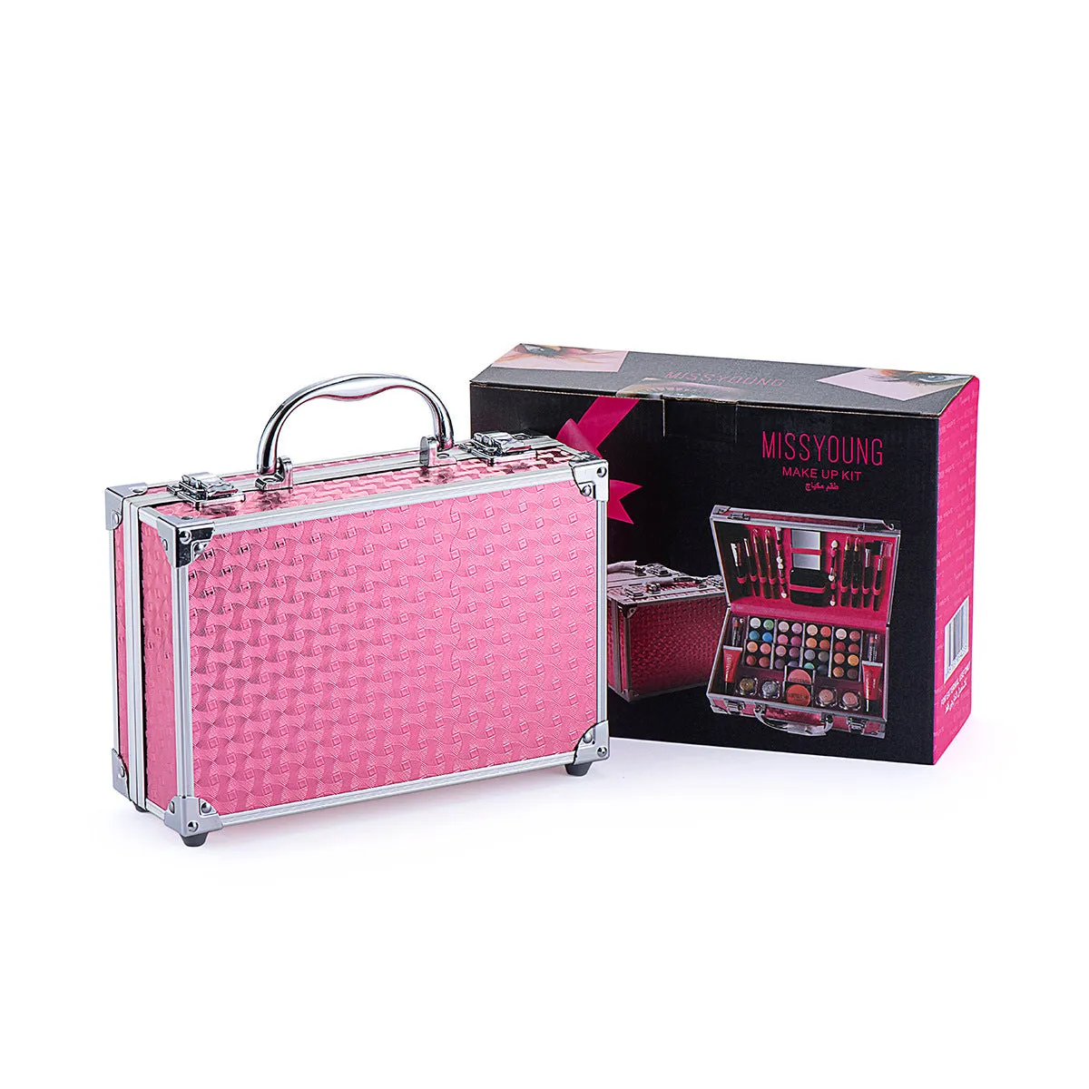 Creative Colorful Eyeshadow Lipstick Cosmetics Set in pink and silver, including lipstick, eyeshadow, and brush in a compact case