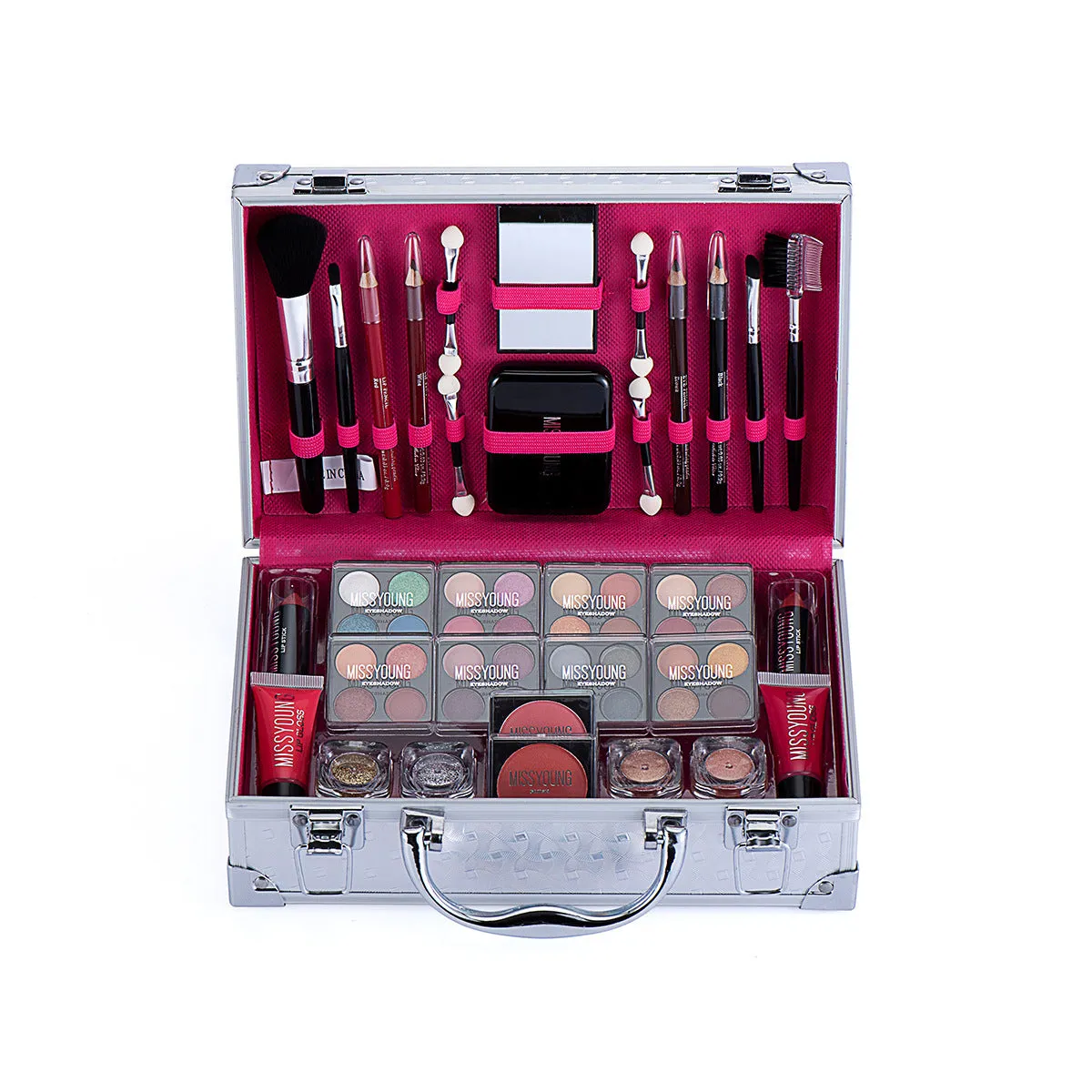 Creative Colorful Eyeshadow Lipstick Cosmetics Set in pink and silver, including lipstick, eyeshadow, and brush in a compact case