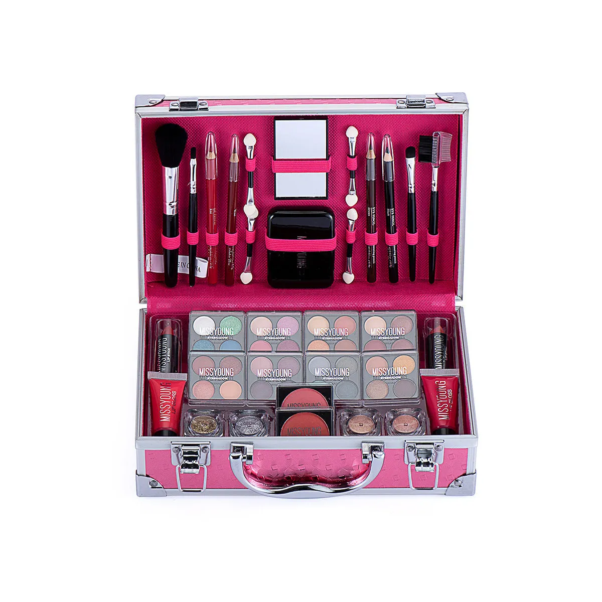 Creative Colorful Eyeshadow Lipstick Cosmetics Set in pink and silver, including lipstick, eyeshadow, and brush in a compact case