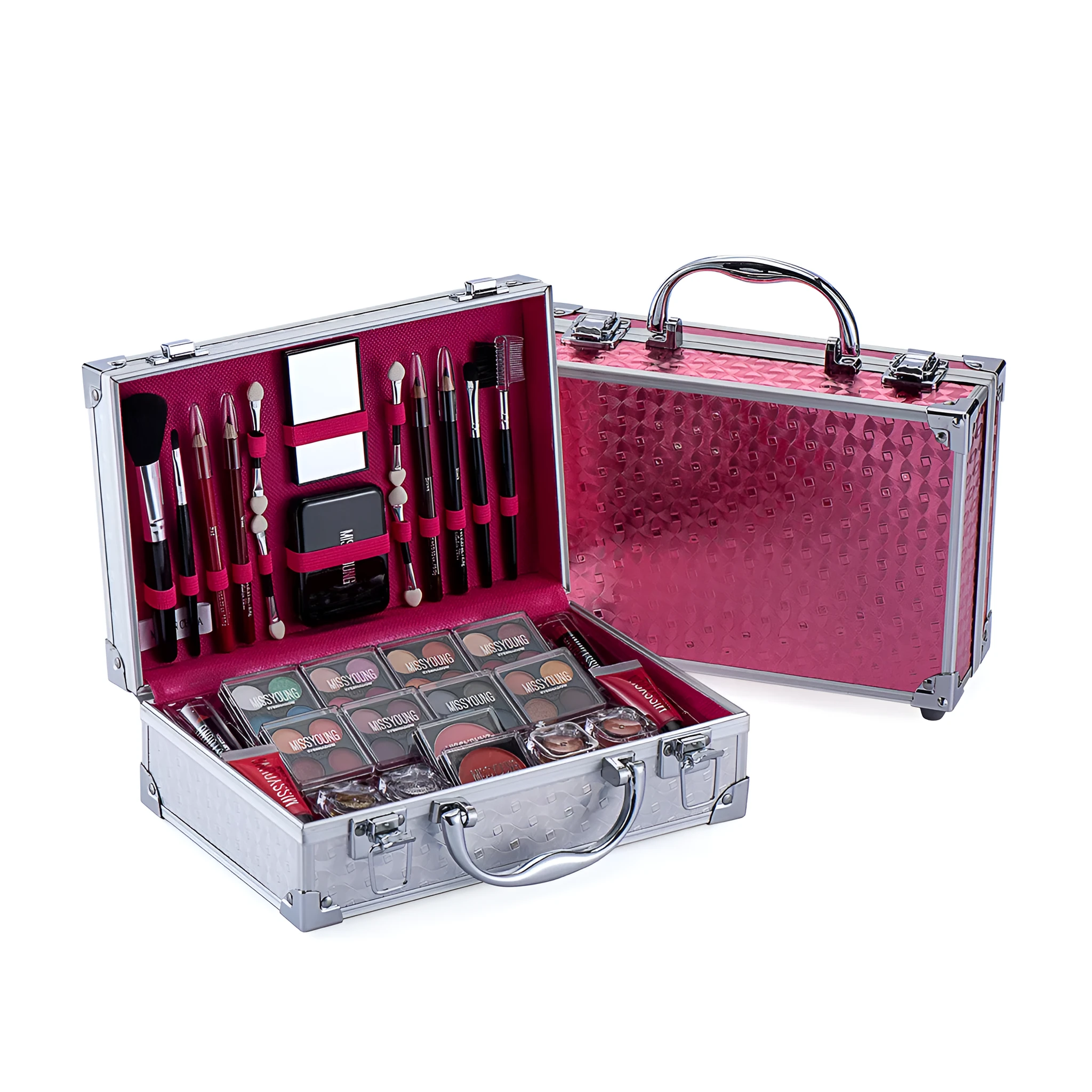 Creative Colorful Eyeshadow Lipstick Cosmetics Set in pink and silver, including lipstick, eyeshadow, and brush in a compact case
