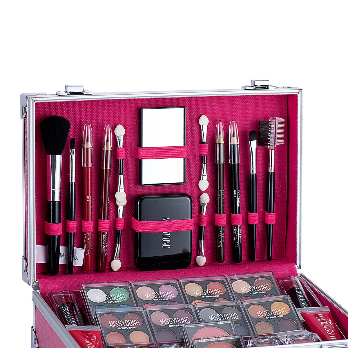 Creative Colorful Eyeshadow Lipstick Cosmetics Set in pink and silver, including lipstick, eyeshadow, and brush in a compact case