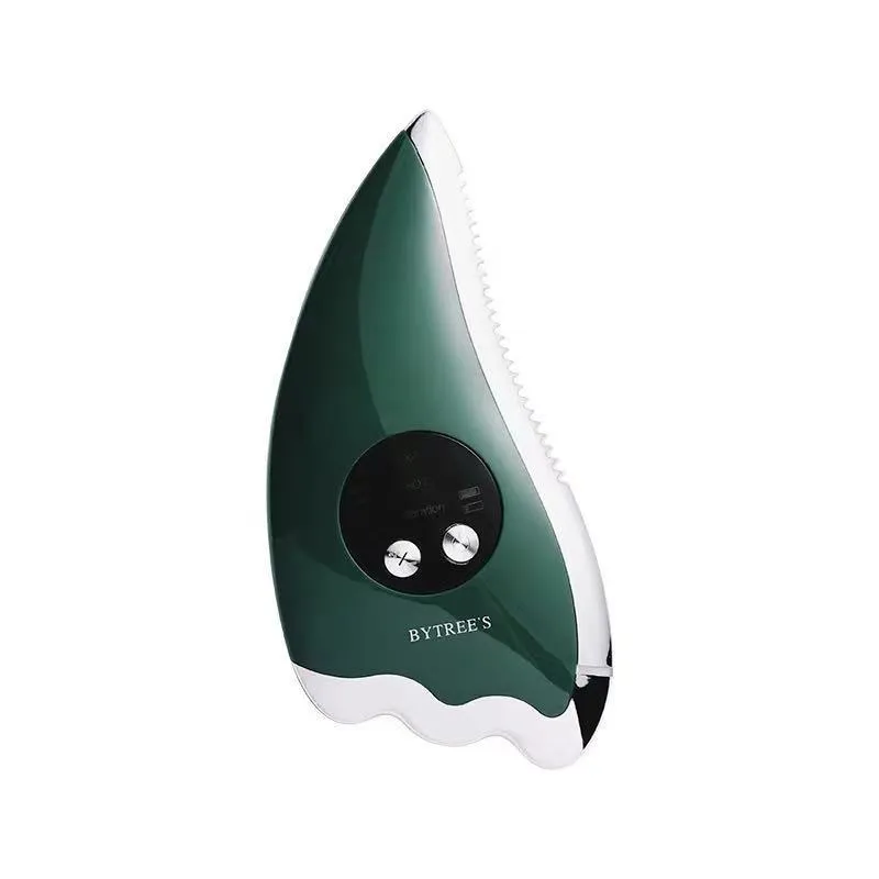 Green plastic and metal facial beauty instrument with three mode buttons and USB cable